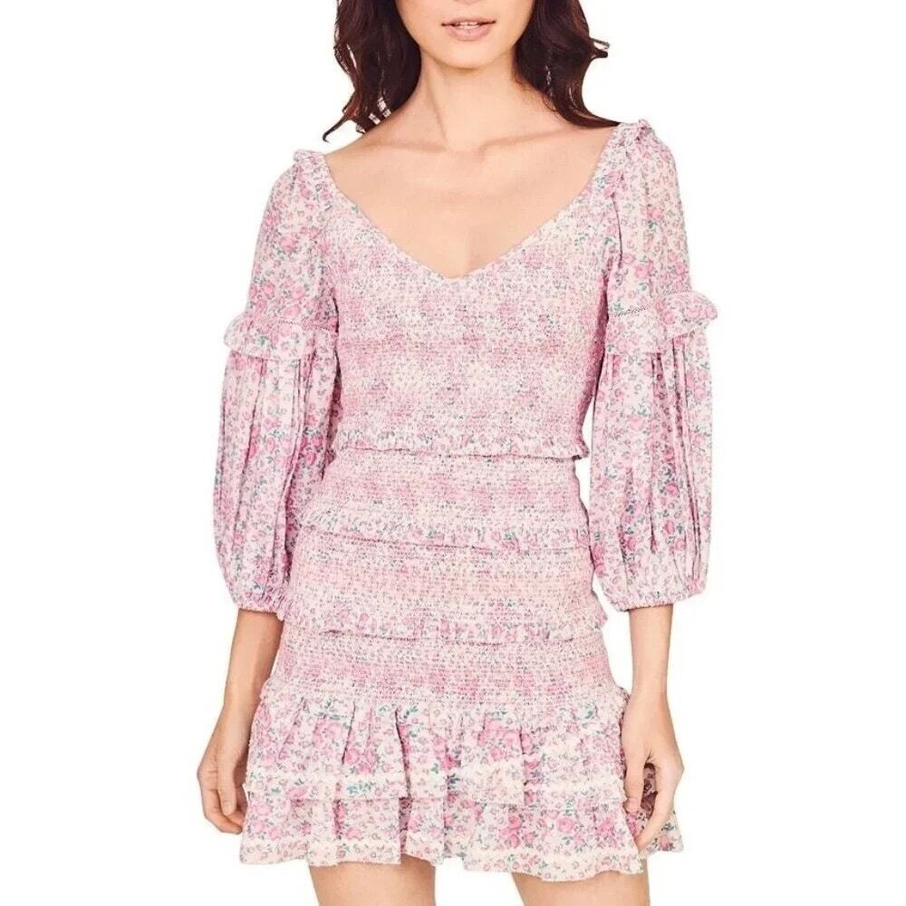 LoveShackFancy Ensley Cotton Smocked Mini Dress Pink Candy Heart Print Small